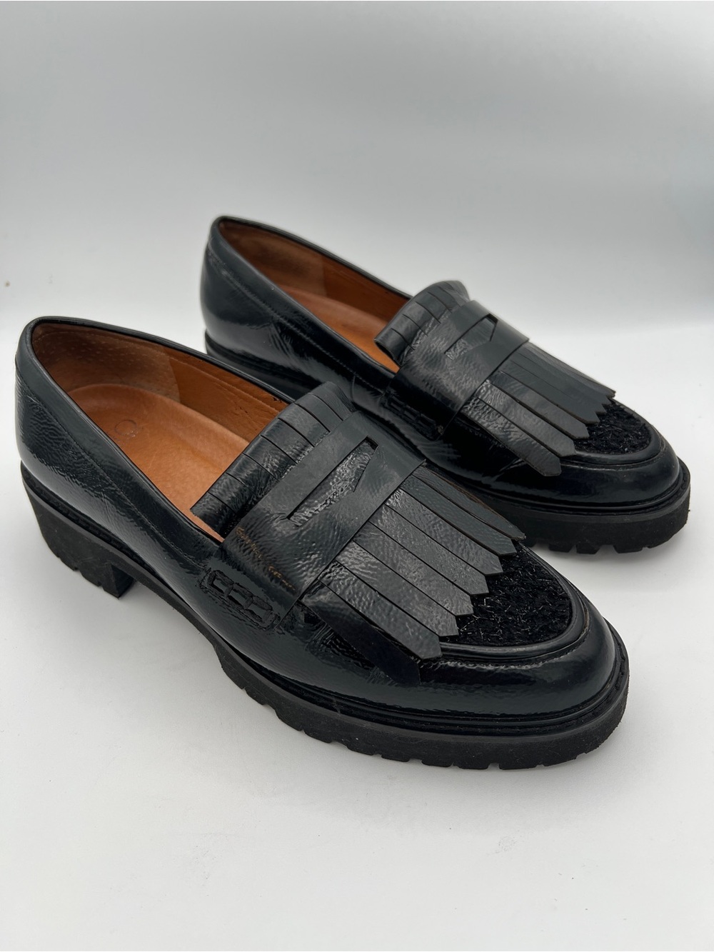 Franco Sarto Duncan Black Patent Leather Kiltie Lug Loafers 8.5 Wide Preppy